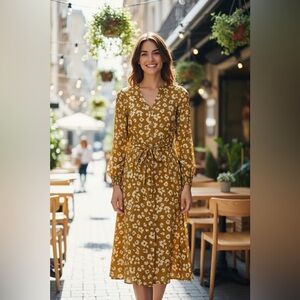 Promod Mustard Floral Long Sleeve Dress